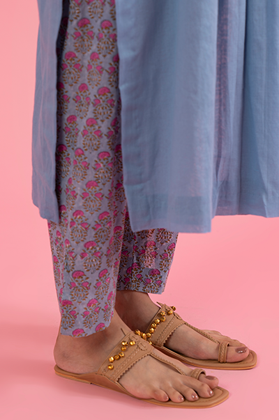 Ridhi Suri Kapaas (Blockprinted Cottons) Solid Blue Mukaish Kurta with hand block print Pants and Blue Printed Dupatta- Set of 3