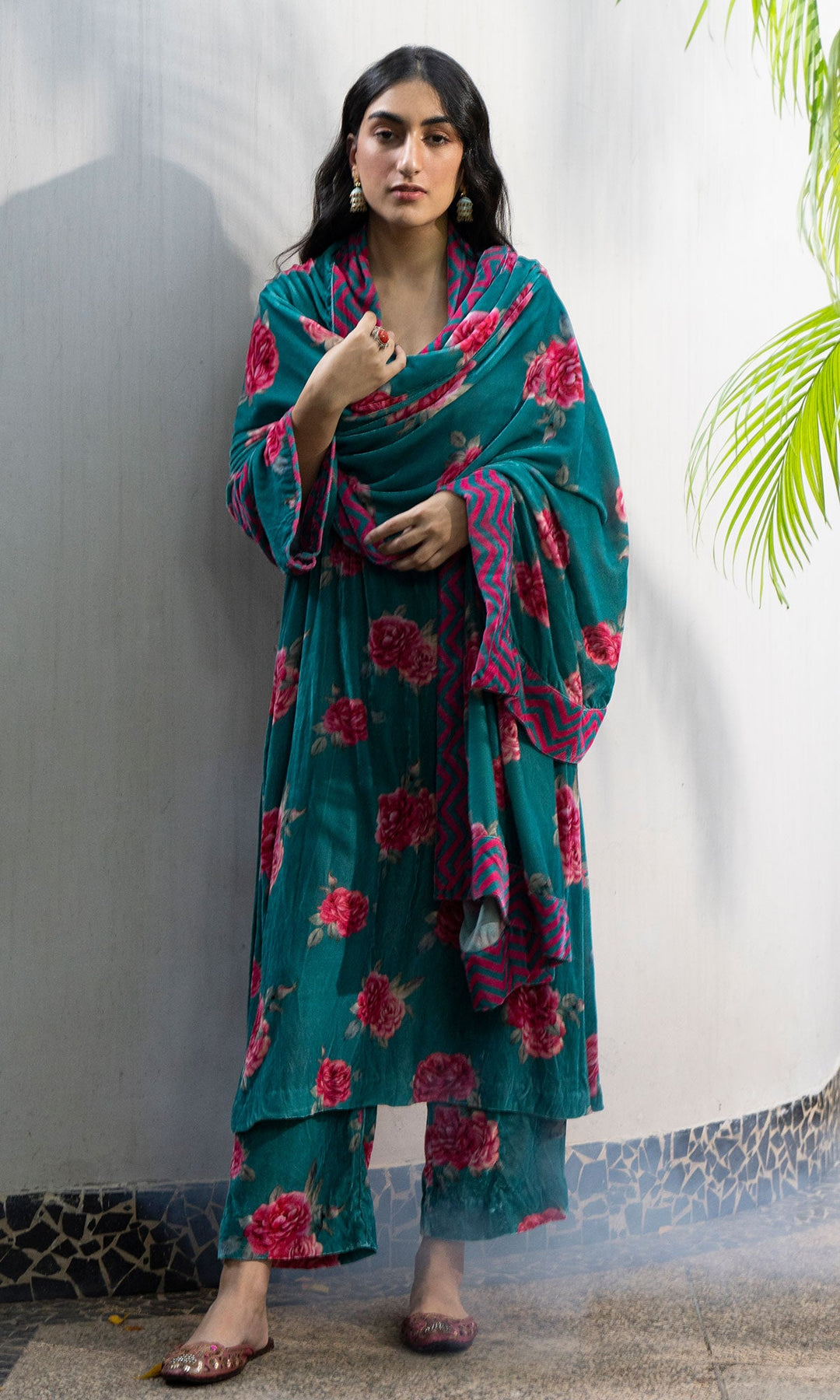 Ridhi Suri Bareen floral teal velvet straight kurta with velvet palazzo and shawl - Set of 3