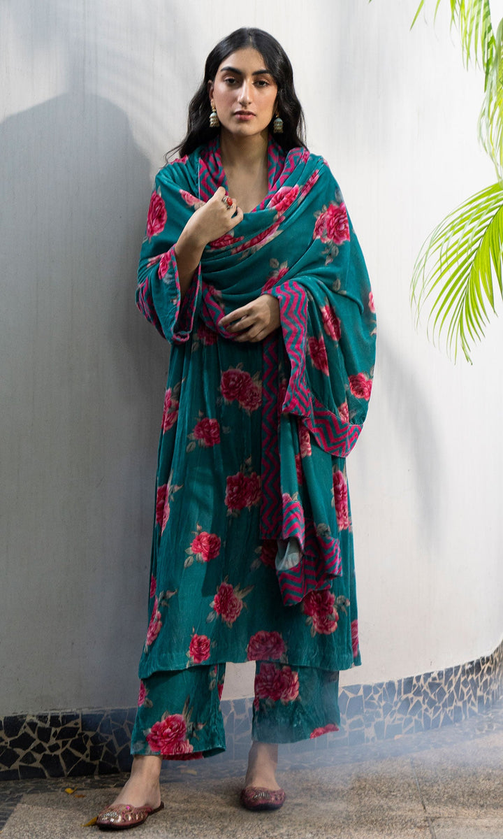 Ridhi Suri Bareen floral teal velvet straight kurta with velvet palazzo and shawl - Set of 3