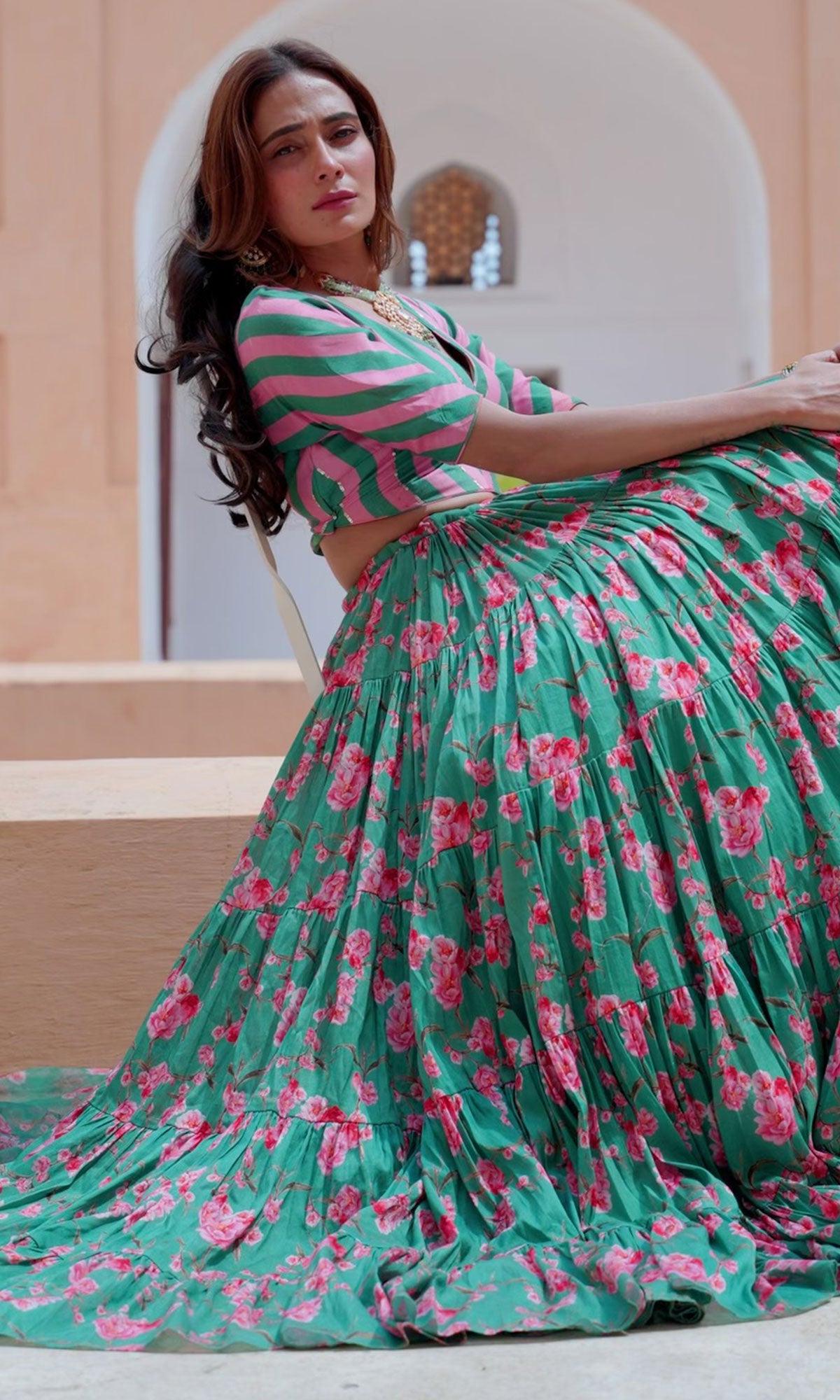Tina Rathore in Falak Green Floral print Gathered Lehenga with stripe ...