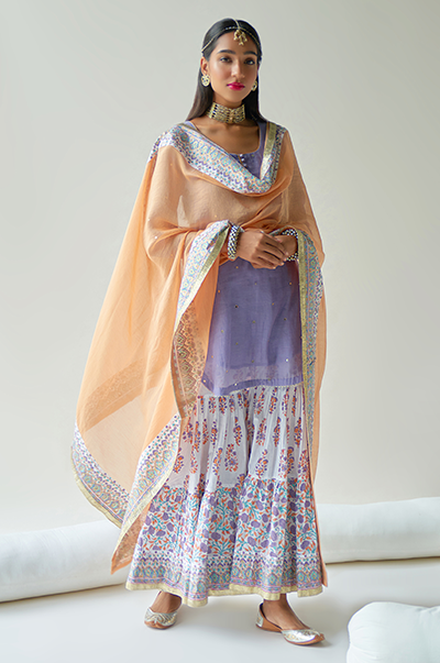 Ridhi Suri Chaand Lilac Kurta with jaal & booti block printed sharara and Dupatta- Set of 3
