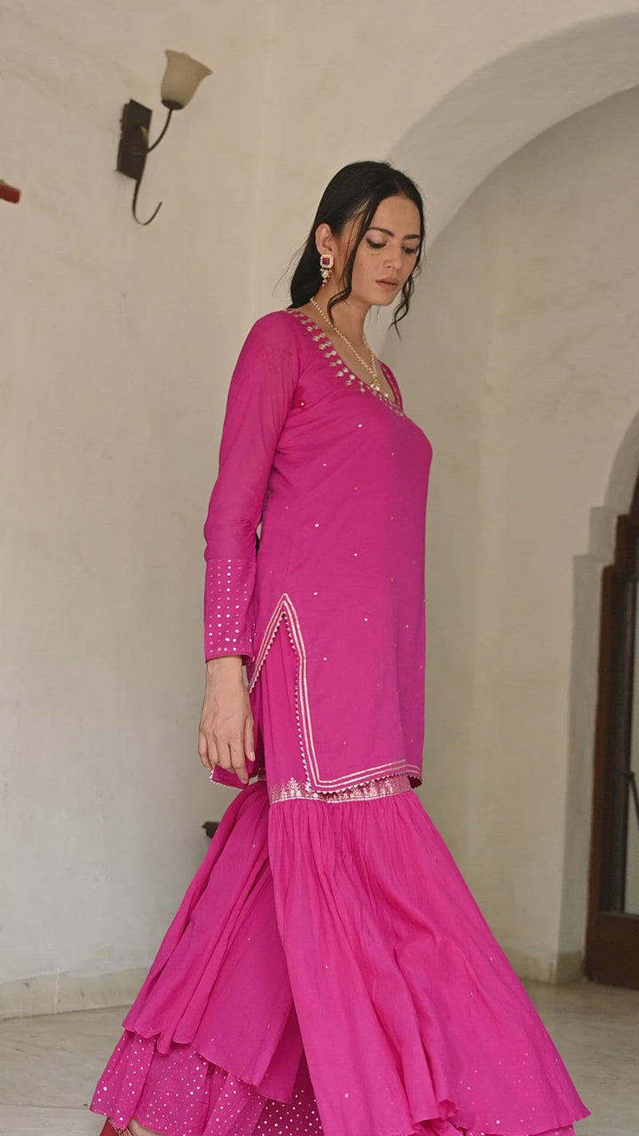 SE Rani short kurta with gharara and dupatta -set of 3