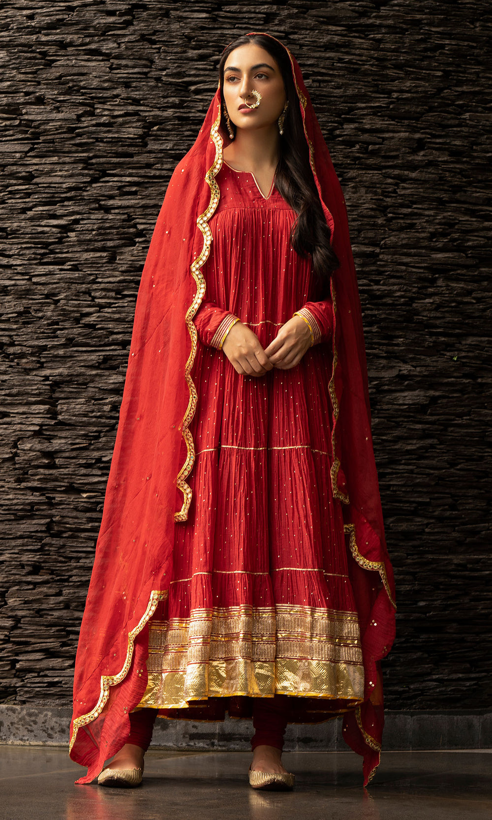 Ridhi Suri Jamaal Red Mukaish Chanderi Gathered Anarkali with Chooridar and Dupatta- Set of 3