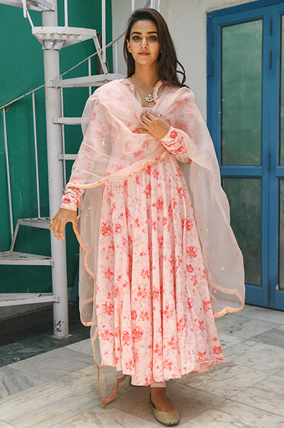 Ridhi Suri Phulwaari Pink Floral printed yoke anarkali with chooridar and dupatta- set of 3