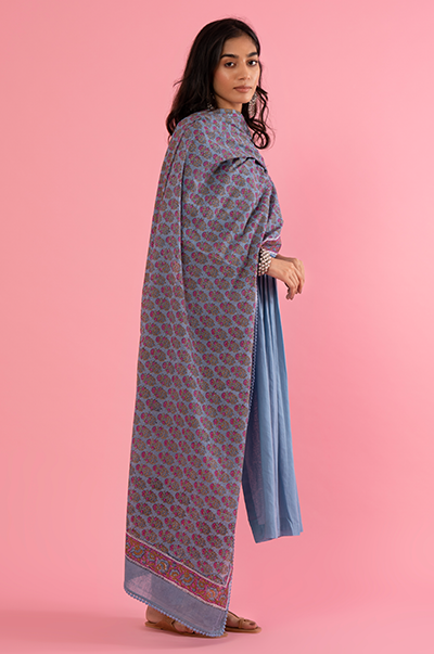 Ridhi Suri Kapaas (Blockprinted Cottons) Solid Blue Mukaish Kurta with hand block print Pants and Blue Printed Dupatta- Set of 3