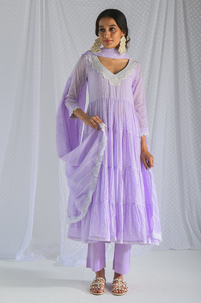 Ridhi Suri Chhaya Lace neckline Lilac Dot Printed Anarkali Kurta with Palazzo and Lehariya Dupatta - Set of 3