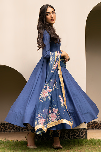Ridhi Suri Falak Blue Solid Anarkali with Palazzo and Dupatta- Set of 3