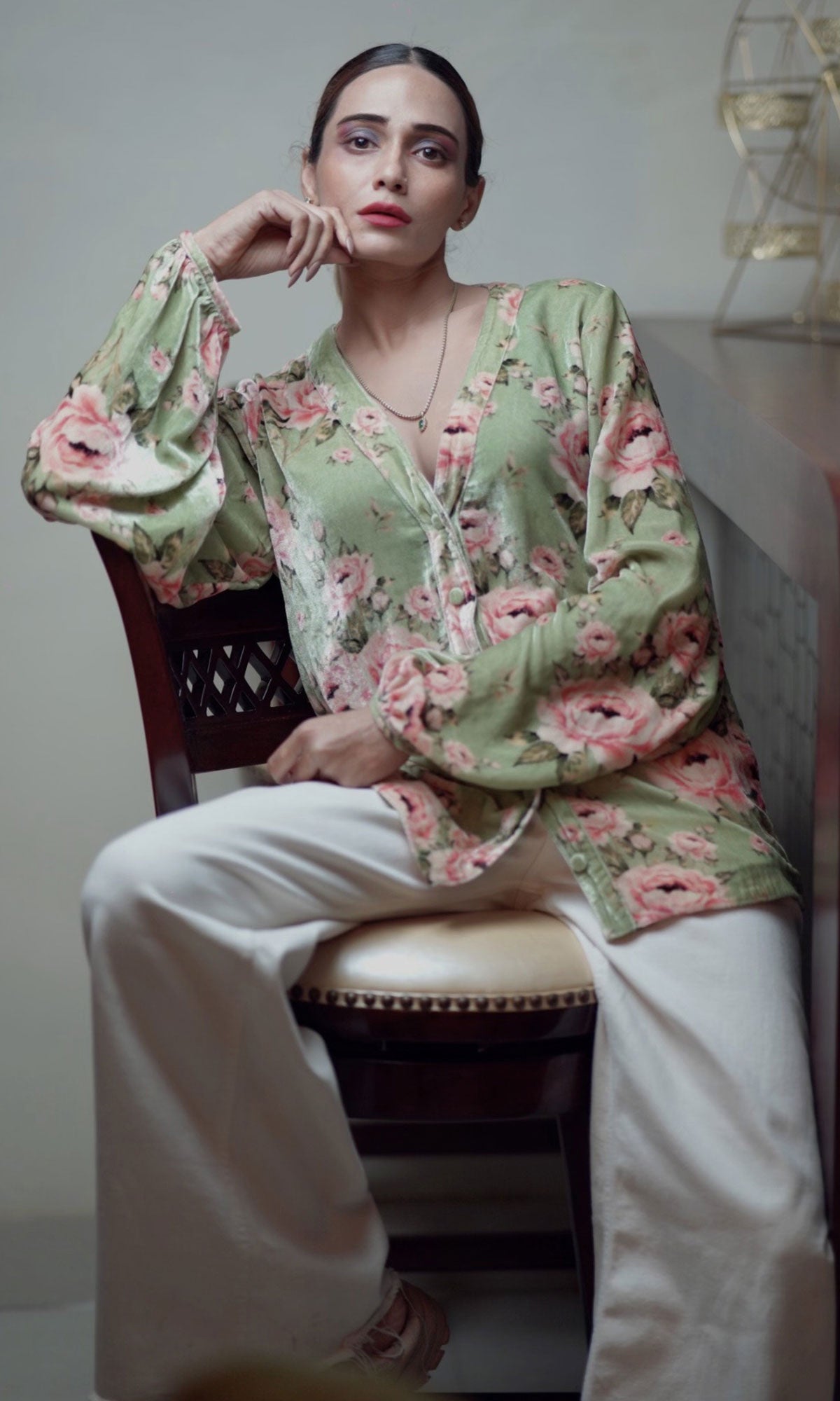 Tina Rathore in Mint Floral Velvet Shirt – Ridhiiee Suuri