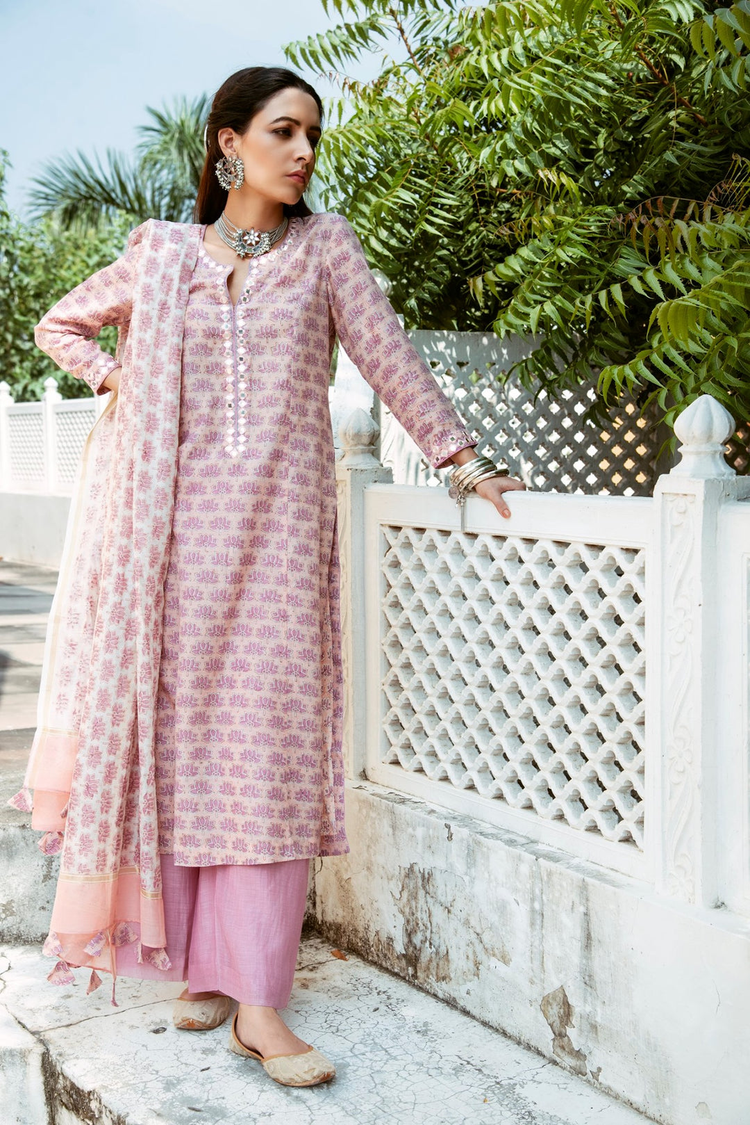 Pariza LOTUS STRAIGHT KURTA WITH PALAZZO DUPATTA- SET OF 3- Pink Lilac