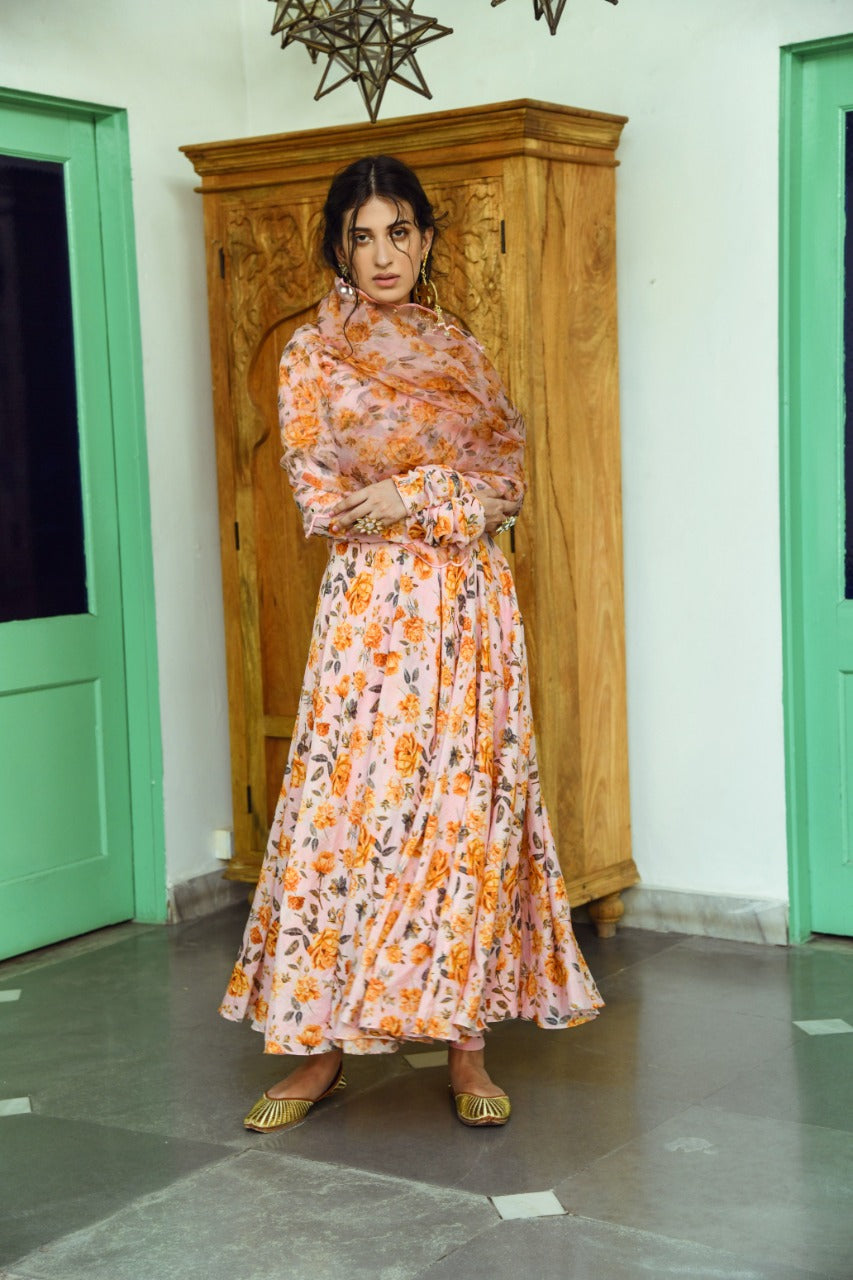 Ridhi Suri Bhanvara Peachy Pink  printed Anarkali with chooridar and dupatta- set of 3