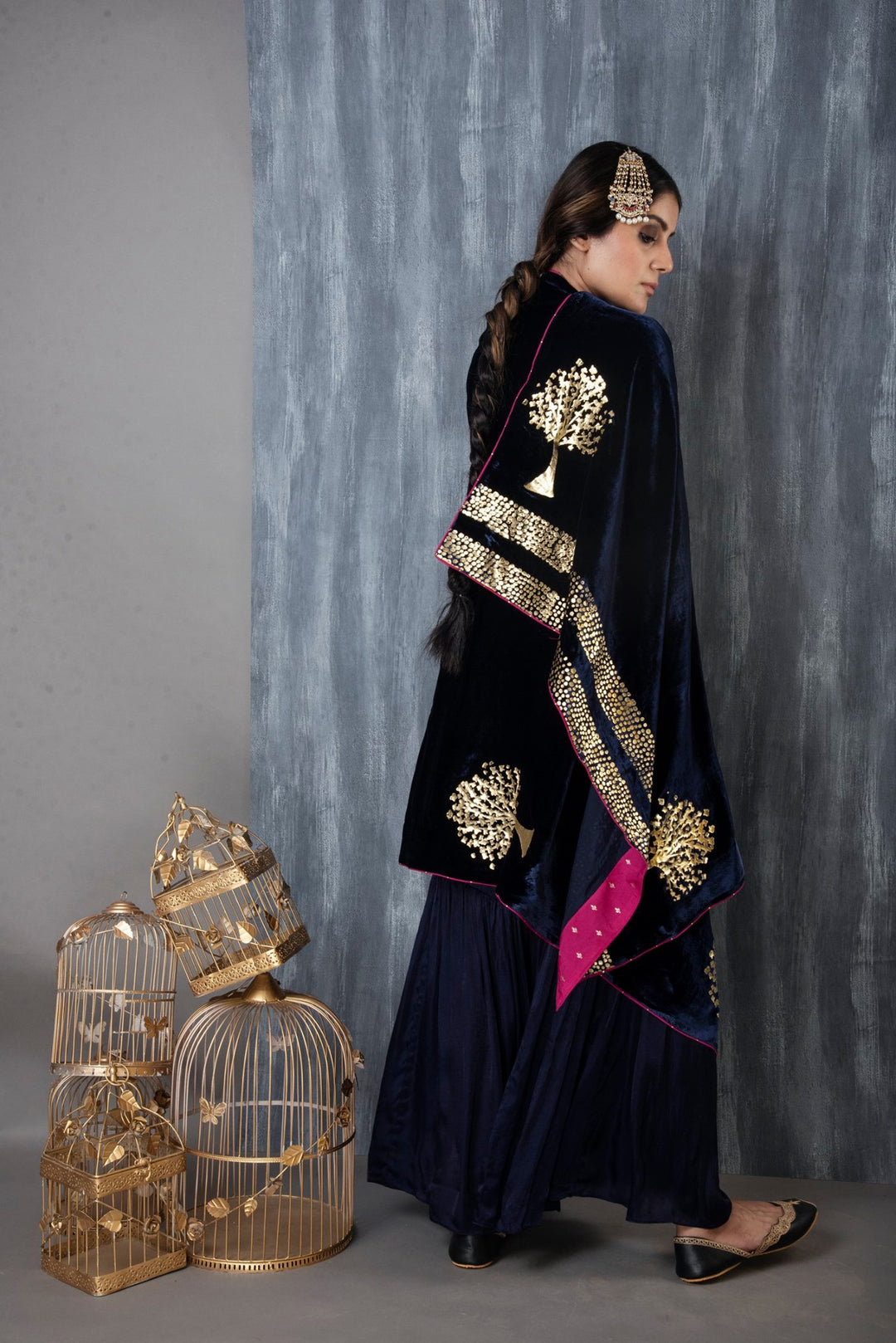 Ridhi Suri ZAR MASHRU GARARA SET OF 3 WITH FOIL PRINTED VELVET SHAWL -MIDNIGHT BLUE