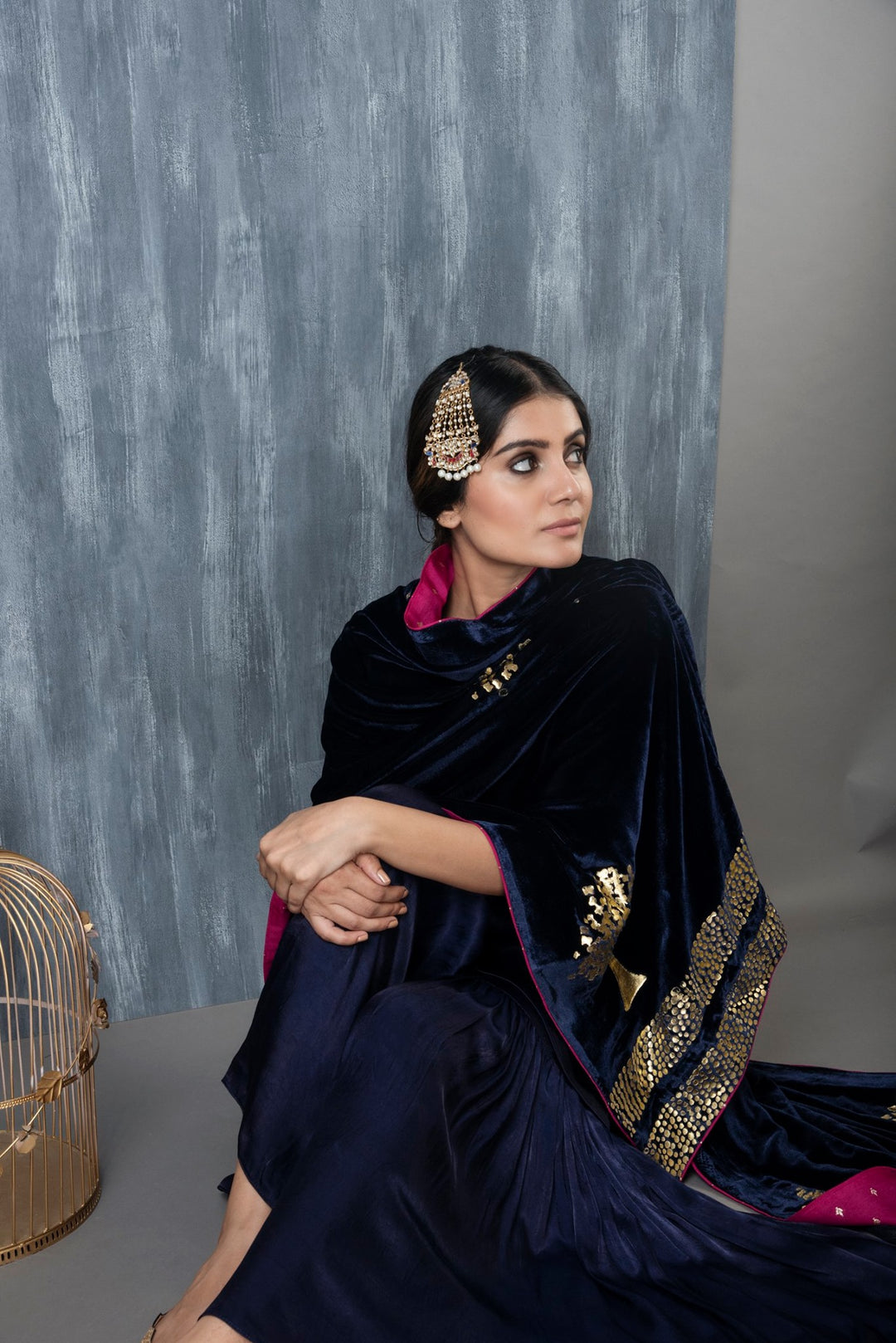 Ridhi Suri ZAR MASHRU GARARA SET OF 3 WITH FOIL PRINTED VELVET SHAWL -MIDNIGHT BLUE