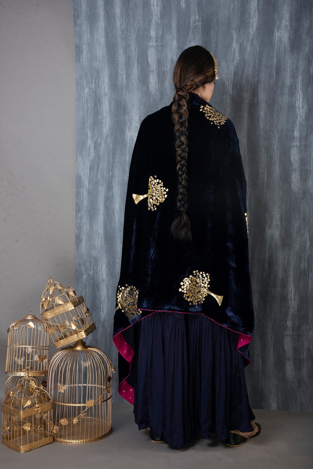 Ridhi Suri ZAR MASHRU GARARA SET OF 3 WITH FOIL PRINTED VELVET SHAWL -MIDNIGHT BLUE