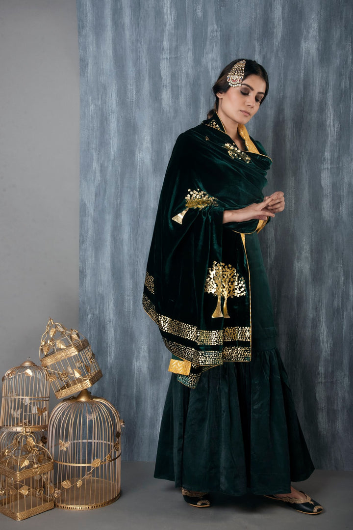 Ridhi Suri ZAR FOIL PRINTED VELVET SHAWL -Emerald Green
