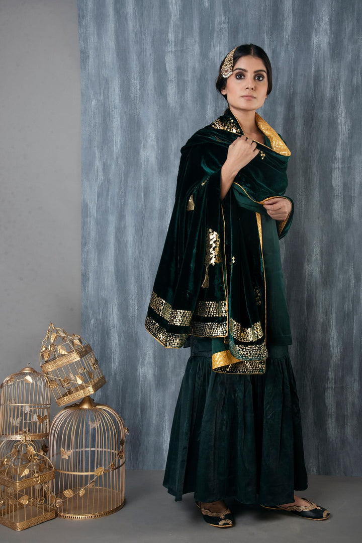 Ridhi Suri ZAR FOIL PRINTED VELVET SHAWL -Emerald Green