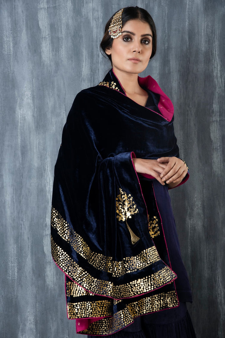 Ridhi Suri ZAR MASHRU GARARA SET OF 3 WITH FOIL PRINTED VELVET SHAWL -MIDNIGHT BLUE