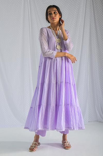 Ridhi Suri Chhaya Lilac Printed Dot Anarkali with Pant and Lehariya Dupatta- Set of 3