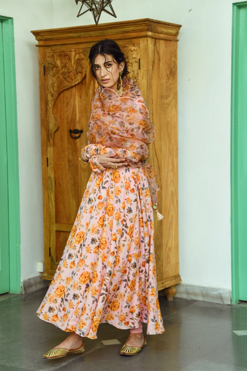 Ridhi Suri Bhanvara Peachy Pink  printed Anarkali with chooridar and dupatta- set of 3