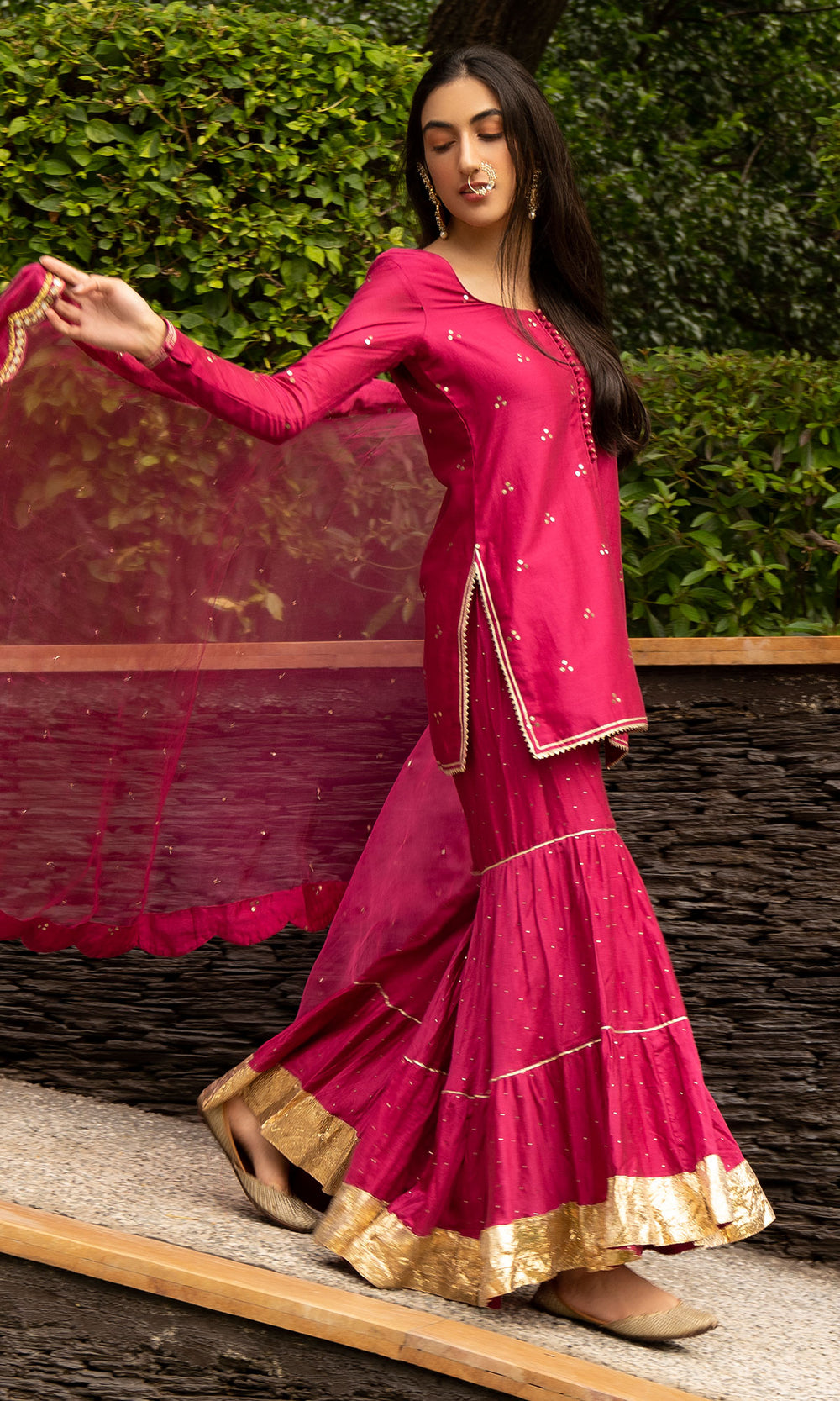 Ridhi Suri Jamaal Rani Pink Mukaish Badla Kurta with  Gharara and organza Dupatta - Set of 3