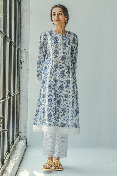 Ridhi Suri Hayat Blue Chintz print Kurta with Lace Pants  - Set of 2