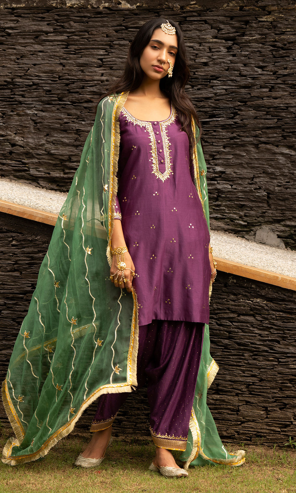 Ridhi Suri Jamaal Purple Mukaish Chanderi Kurta with mukaish chanderi Salwar and Green Organza Dupatta - Set of 3
