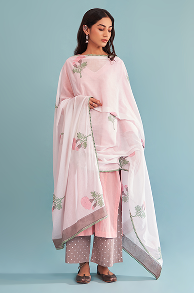 Ridhi Suri Just Cottons Light Pink kurta with Grey palazzo and Marigold dupatta