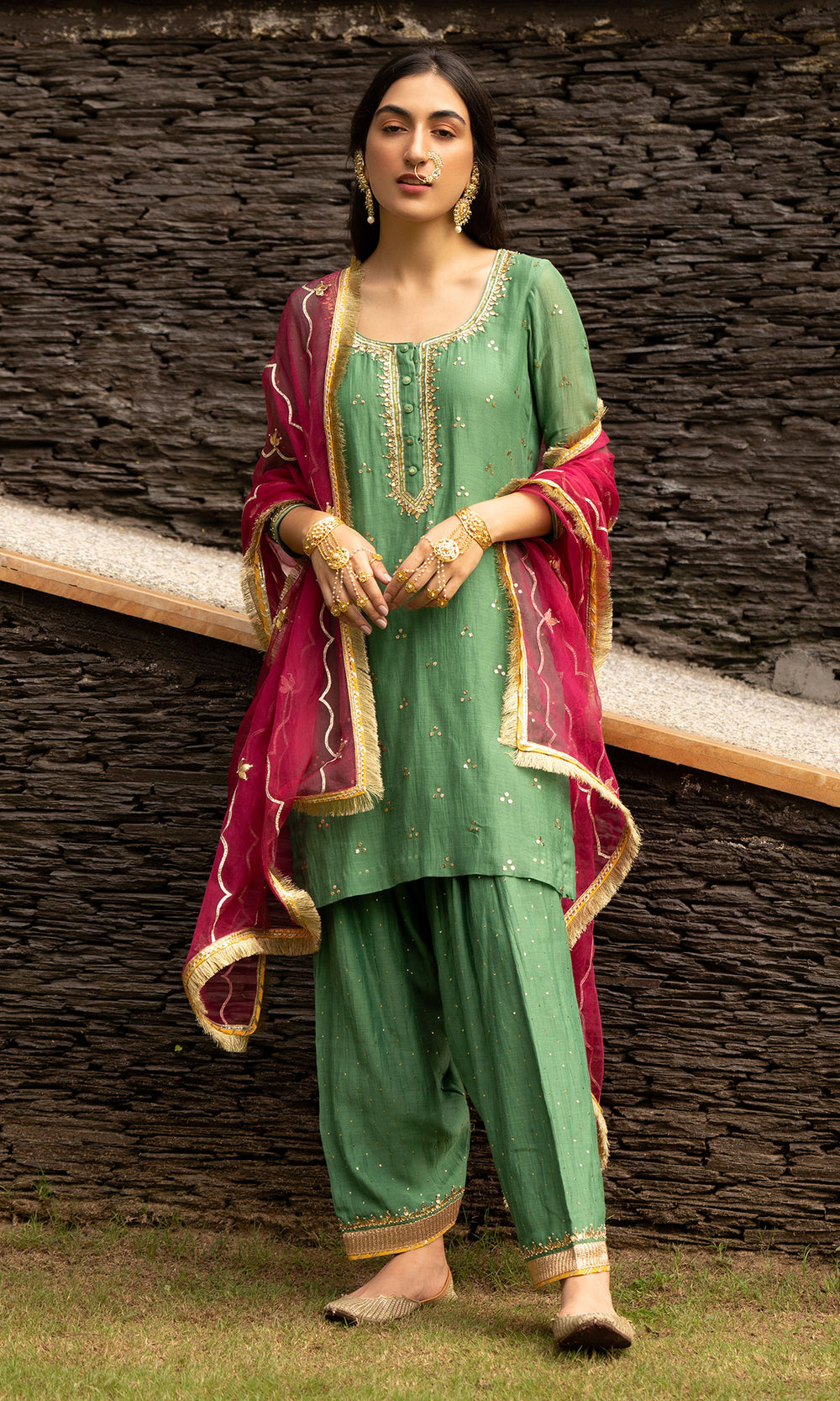 Ridhi Suri Jamaal Green Mukaish Chanderi Kurta with mukaish chanderi Salwar and Rani Pink Organza Dupatta - Set of 3
