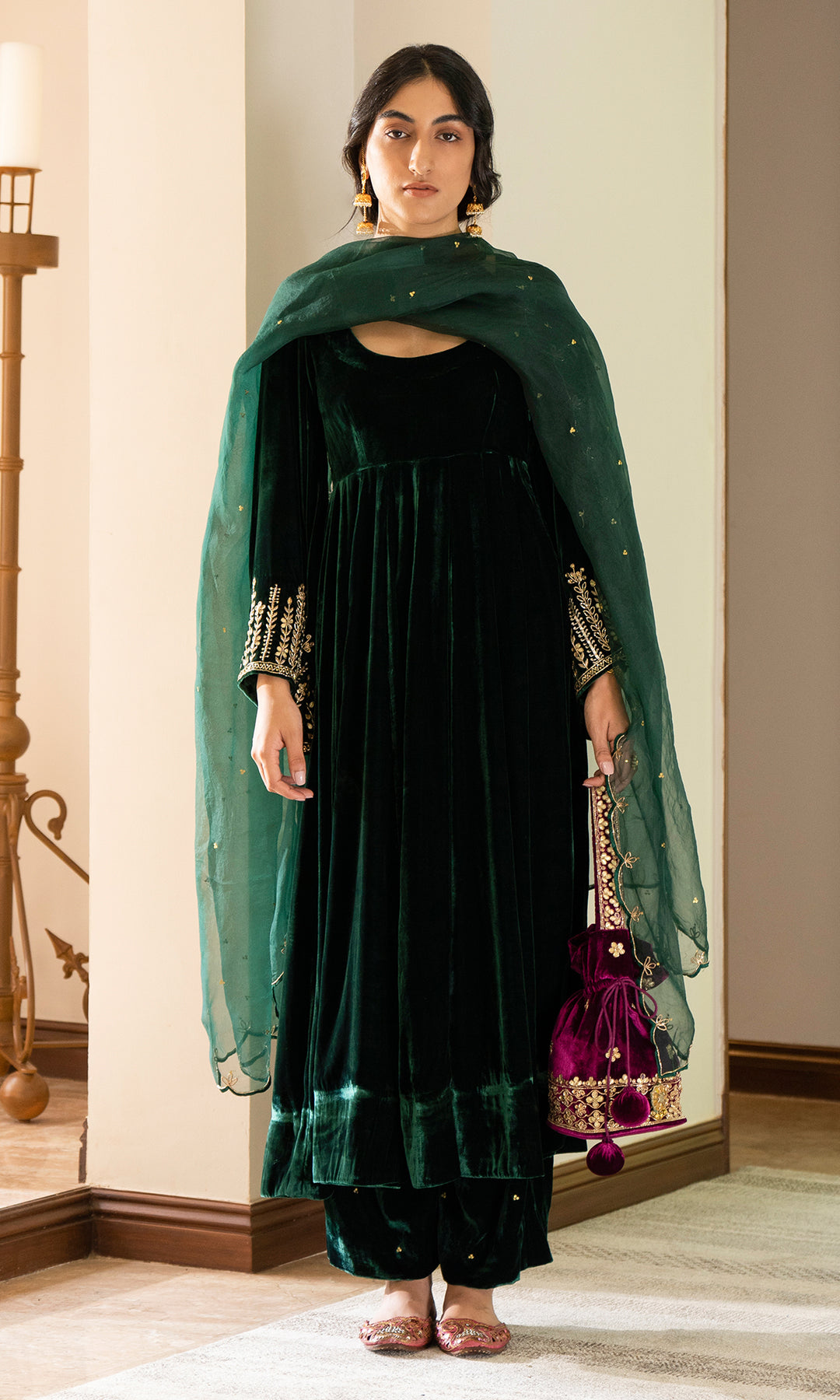 Bareen Embroidered - Green Velvet Anarkali With Palazzo And Organza Dupatta