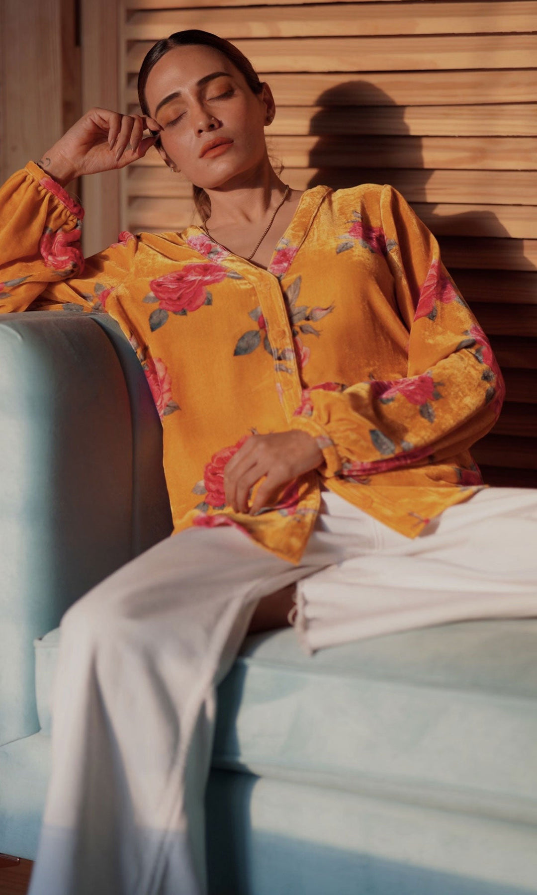 Tina Rathore in Mustard Floral Velvet Shirt – Ridhiiee Suuri