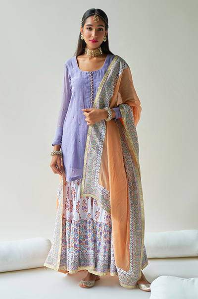 Ridhi Suri Chaand Lilac Kurta with jaal & booti block printed sharara and Dupatta- Set of 3