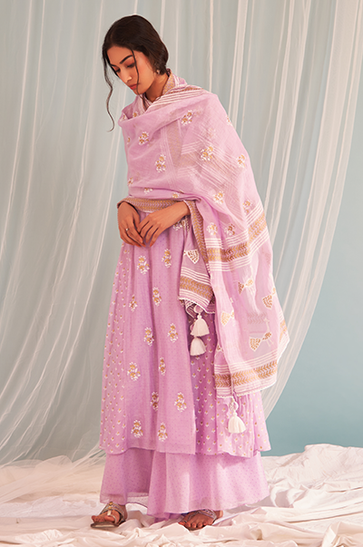 Ridhi Suri Saanjh Lilac Chanderi side gather kurta with wide palazzo and dupatta - Set of 3