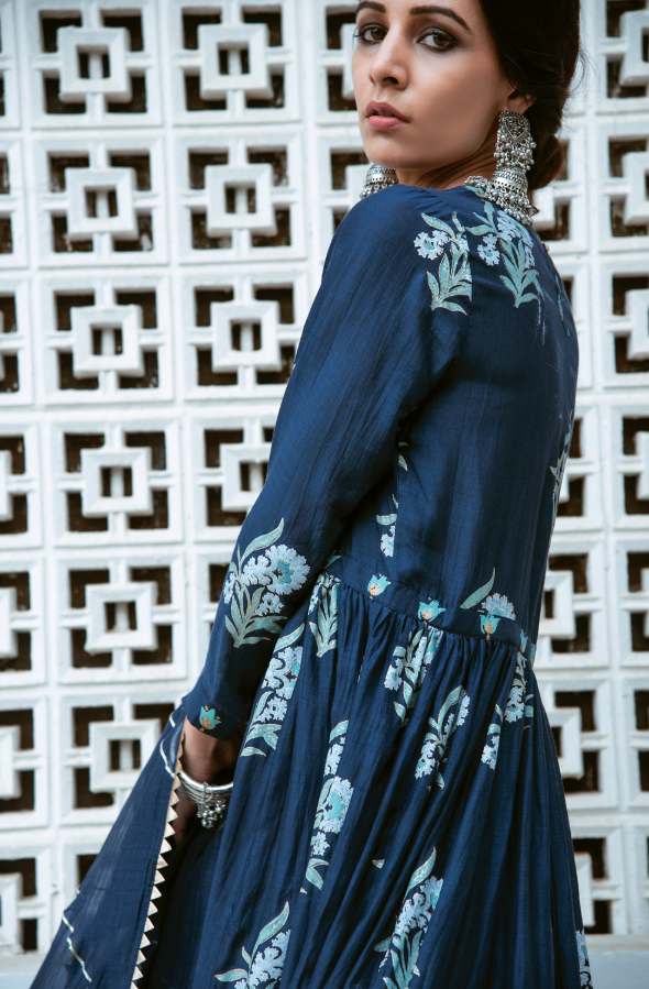 Ridhi Suri AAFREEN BLUE BLOCK PRINTED LONG KURTA PALAZZO SET