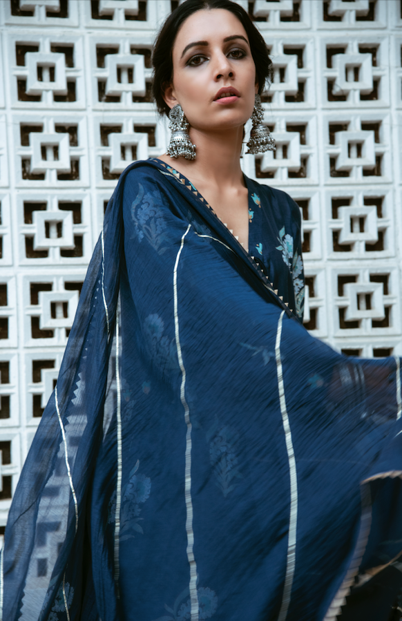 Ridhi Suri AAFREEN BLUE BLOCK PRINTED LONG KURTA PALAZZO SET
