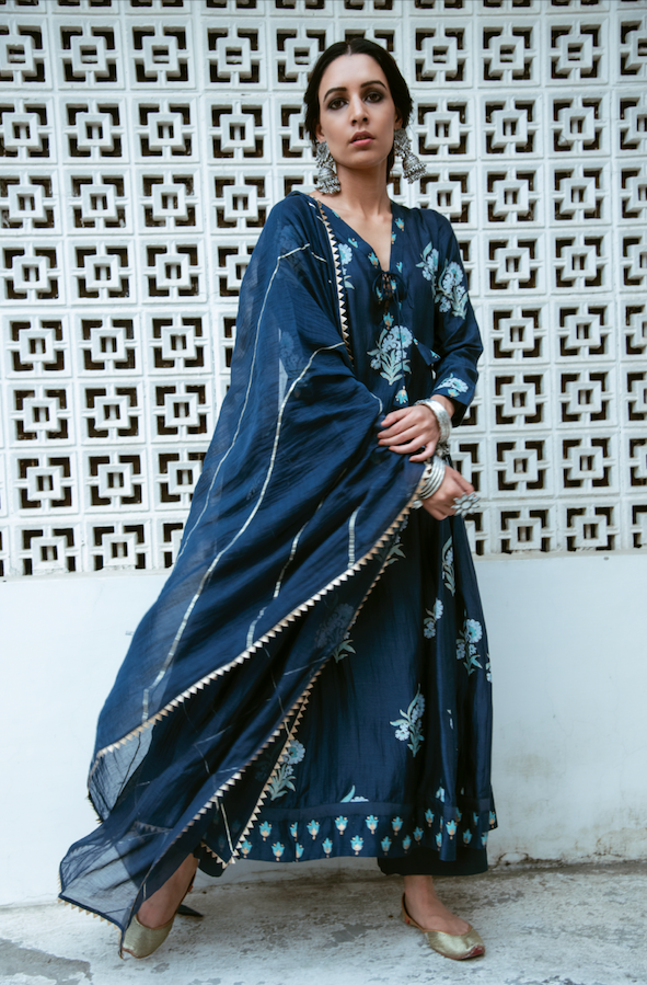 Ridhi Suri AAFREEN BLUE BLOCK PRINTED LONG KURTA PALAZZO SET