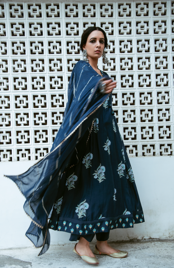 Ridhi Suri AAFREEN BLUE BLOCK PRINTED LONG KURTA PALAZZO SET