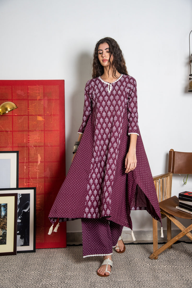 Ridhi Suri Maahru Block Printed Asymmetric Kurta With Palazzo Set of 3 - Wine
