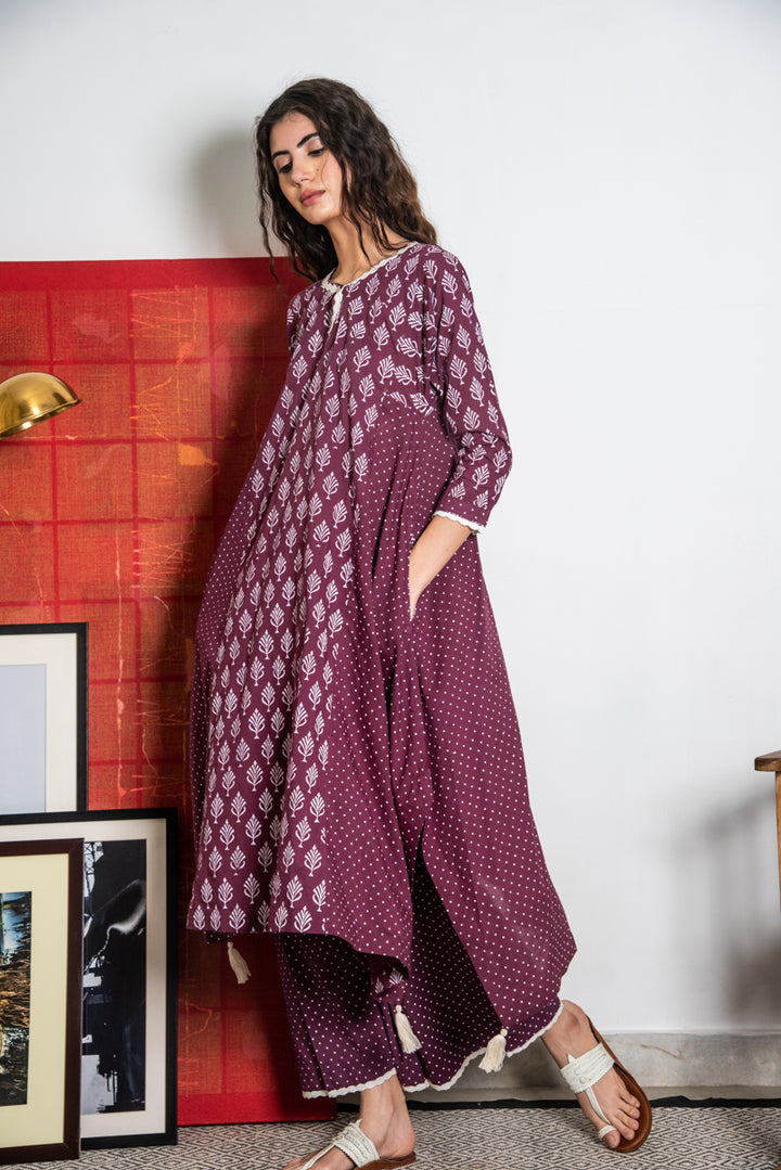 Ridhi Suri Maahru Block Printed Asymmetric Kurta With Palazzo Set of 3 - Wine