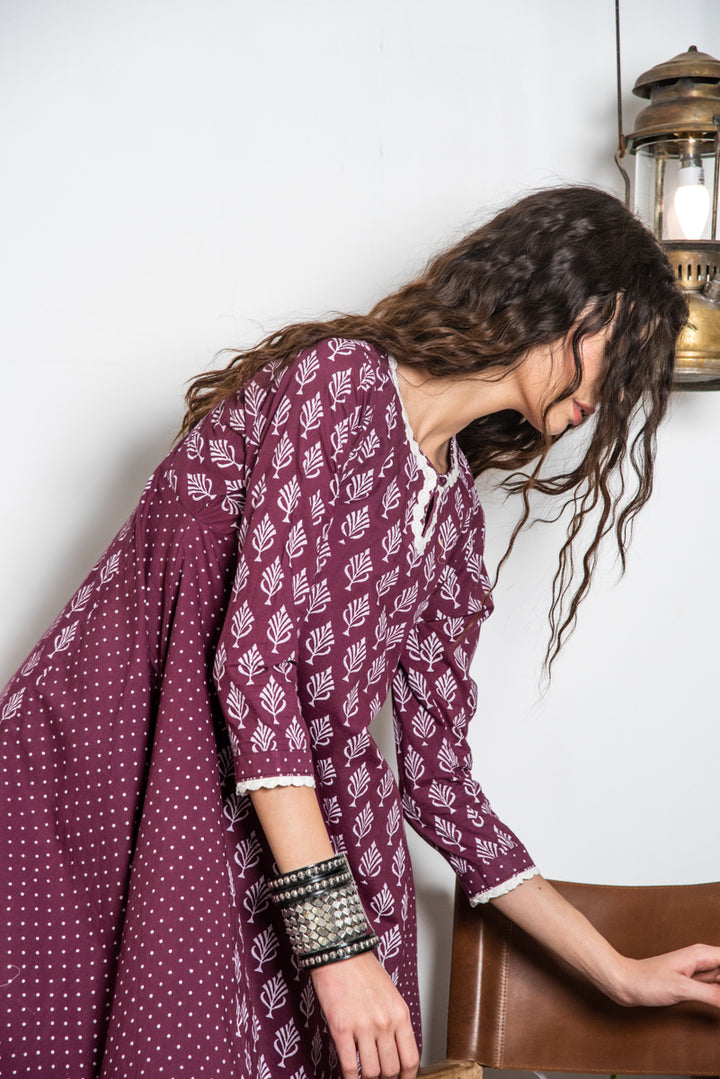 Ridhi Suri Maahru Block Printed Asymmetric Kurta With Palazzo Set of 3 - Wine