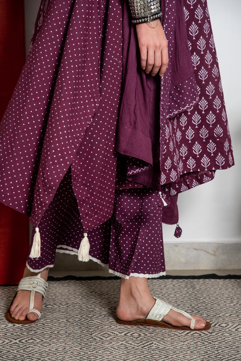 Ridhi Suri Maahru Block Printed Asymmetric Kurta With Palazzo Set of 3 - Wine