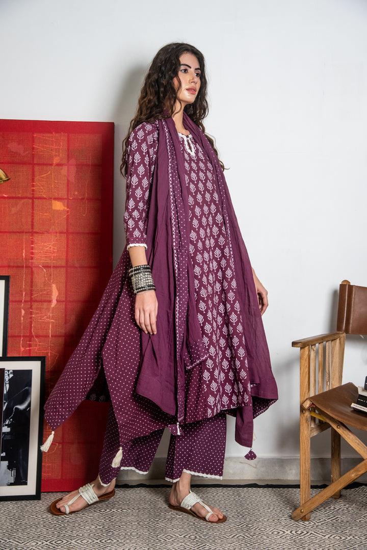 Ridhi Suri Maahru Block Printed Asymmetric Kurta With Palazzo Set of 3 - Wine