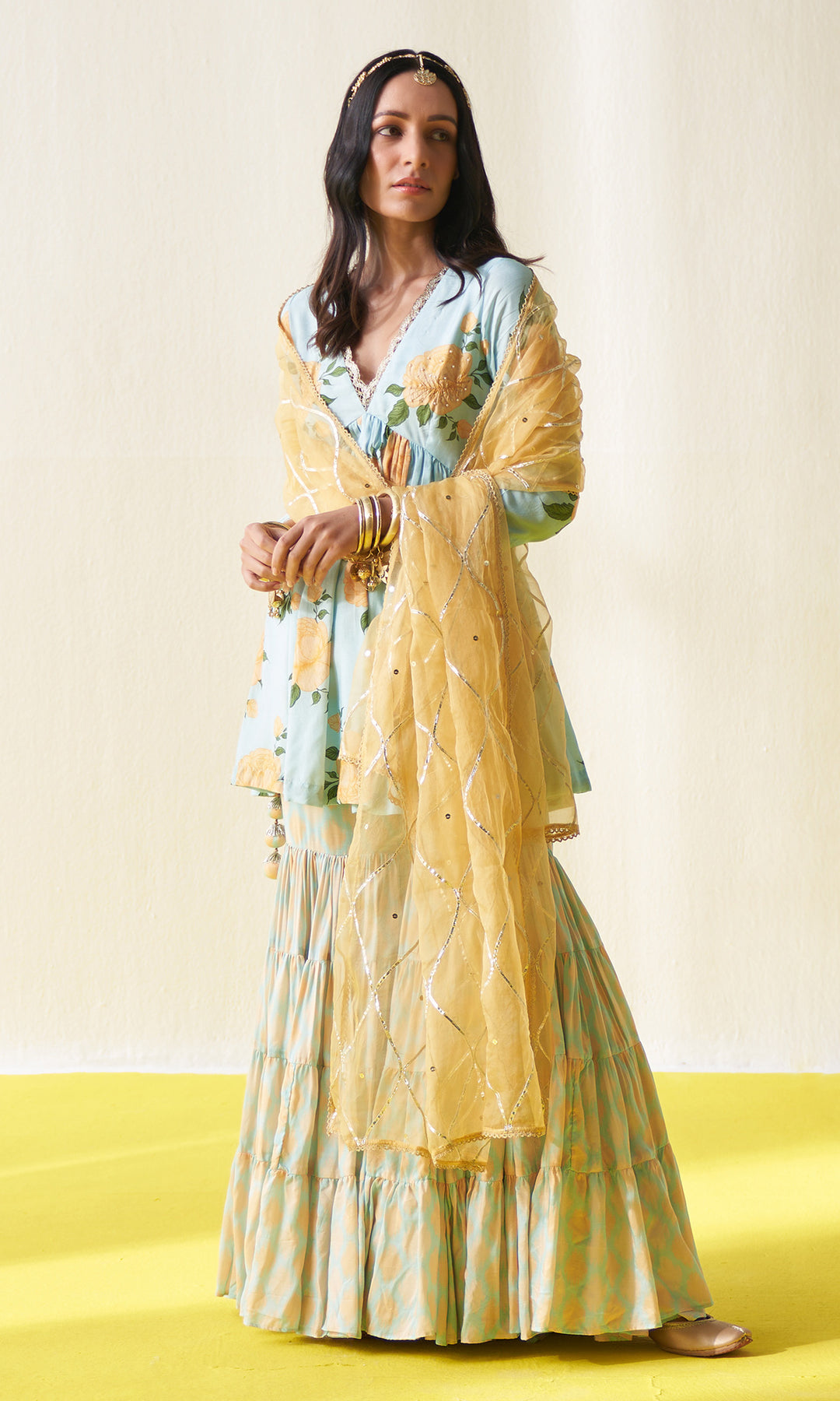 KIARA AQUA V- NECK FLORAL PRINTED SHARARA SET - SET OF 3