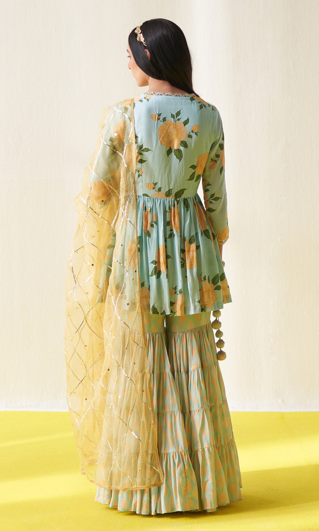 KIARA AQUA V- NECK FLORAL PRINTED SHARARA SET - SET OF 3