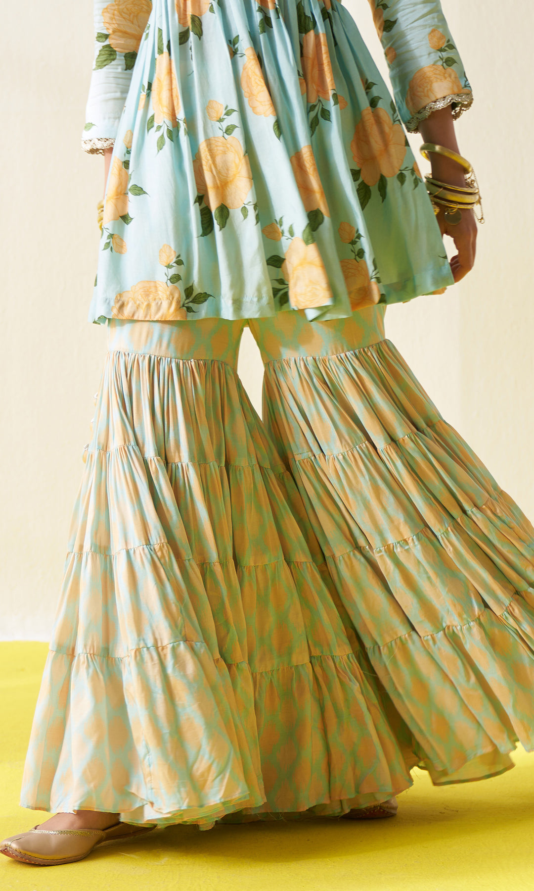 KIARA AQUA V- NECK FLORAL PRINTED SHARARA SET - SET OF 3