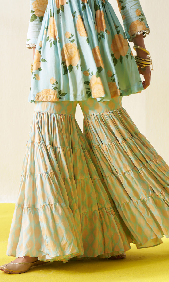 KIARA AQUA V- NECK FLORAL PRINTED SHARARA SET - SET OF 3