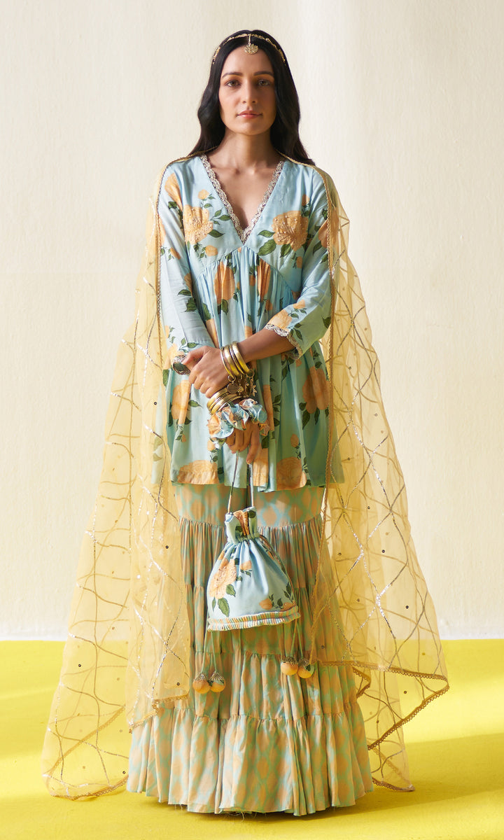 KIARA AQUA V- NECK FLORAL PRINTED SHARARA SET - SET OF 3