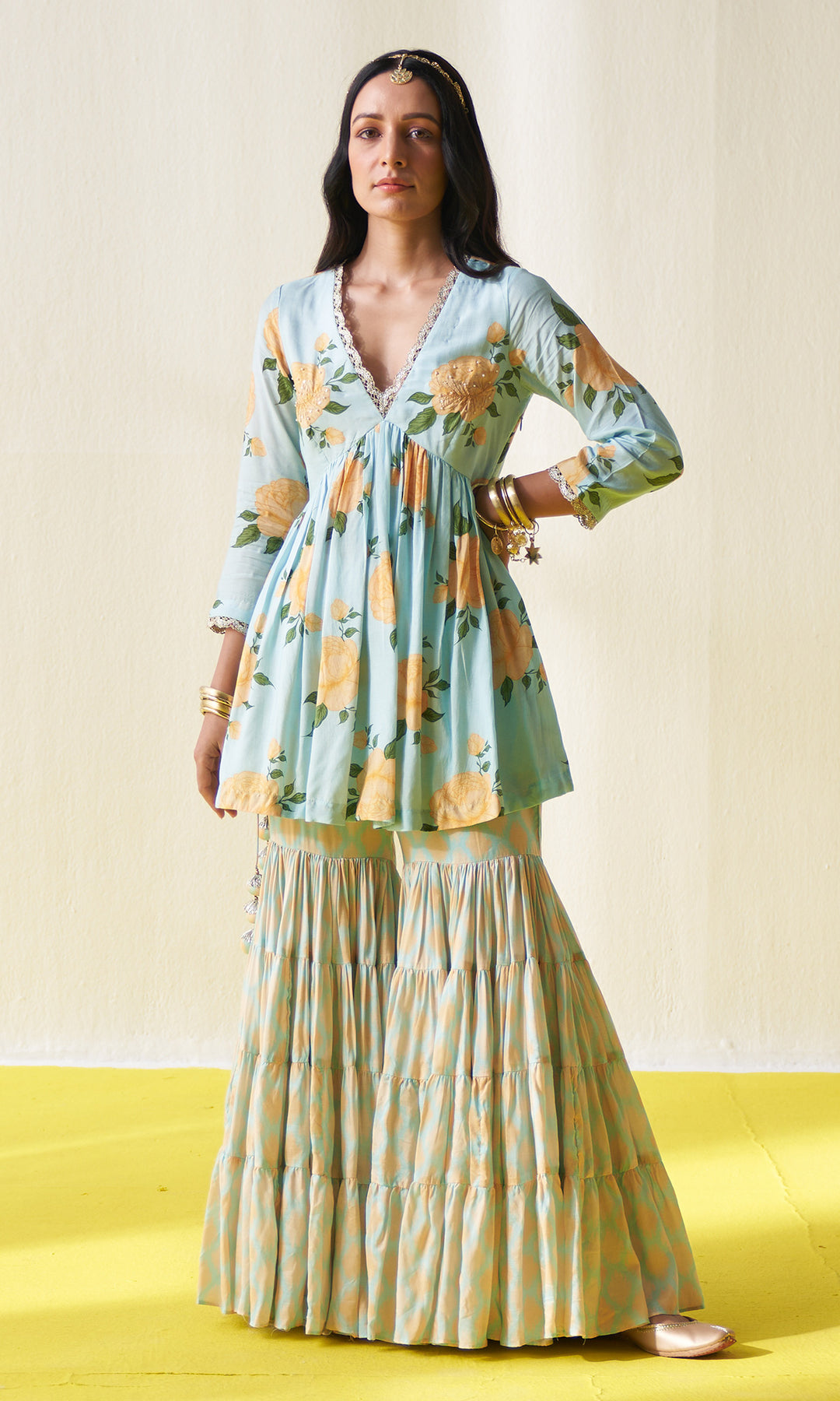 KIARA AQUA V- NECK FLORAL PRINTED SHARARA SET - SET OF 3