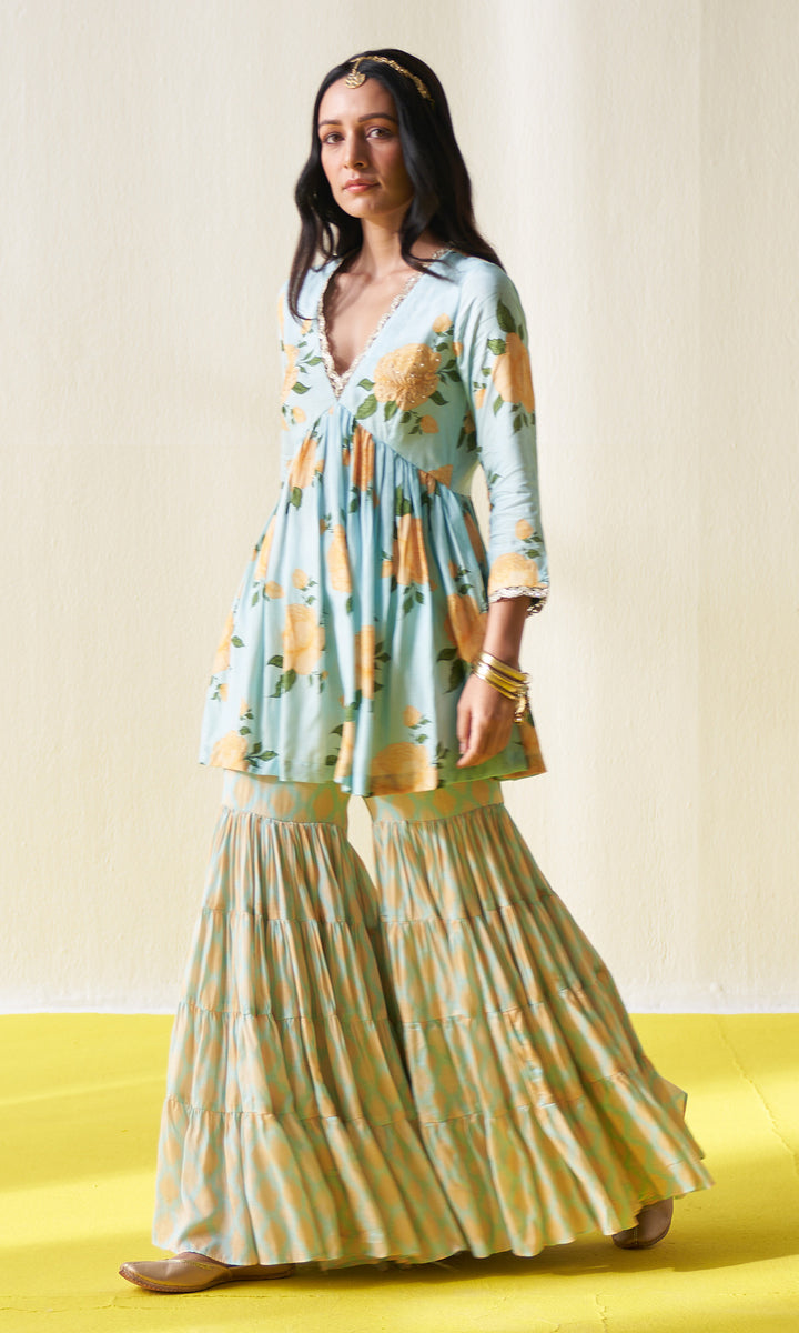 KIARA AQUA V- NECK FLORAL PRINTED SHARARA SET - SET OF 3