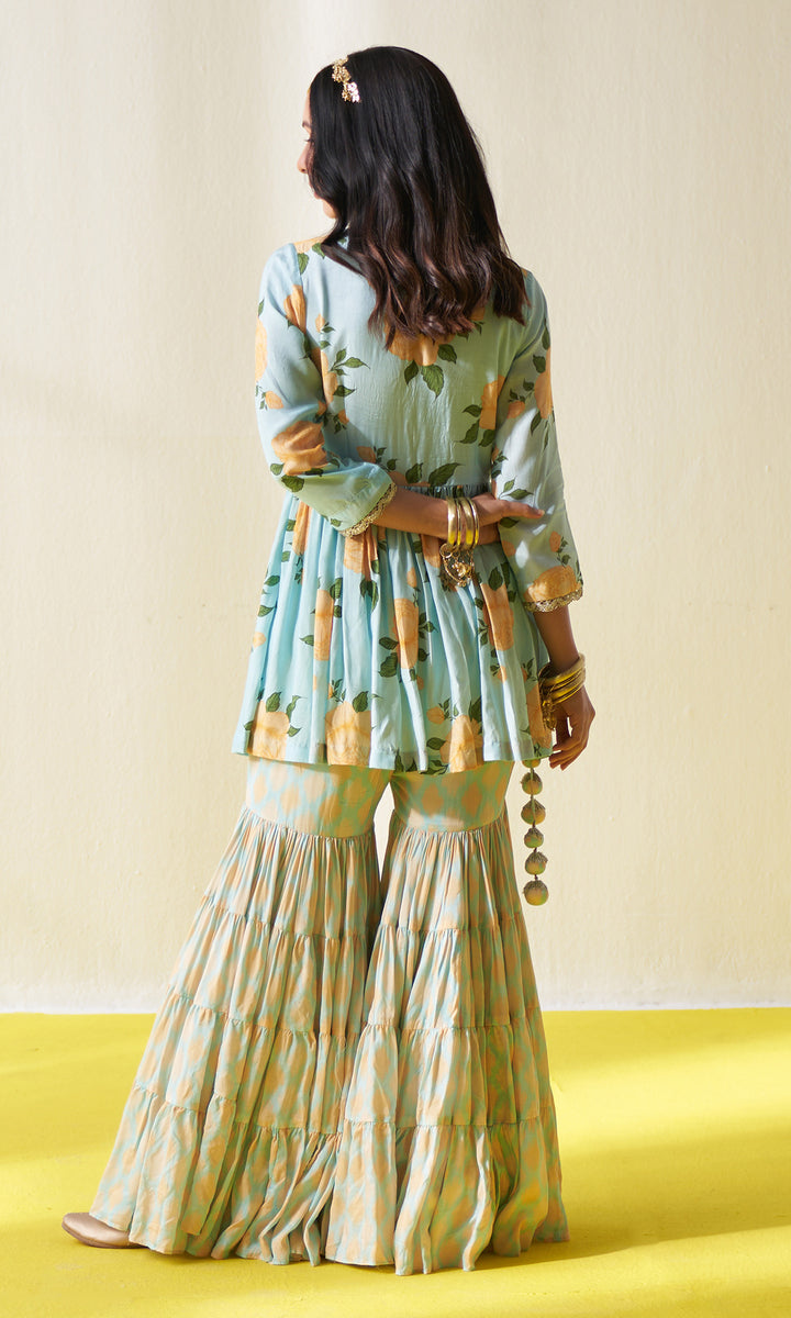 KIARA AQUA V- NECK FLORAL PRINTED SHARARA SET - SET OF 3