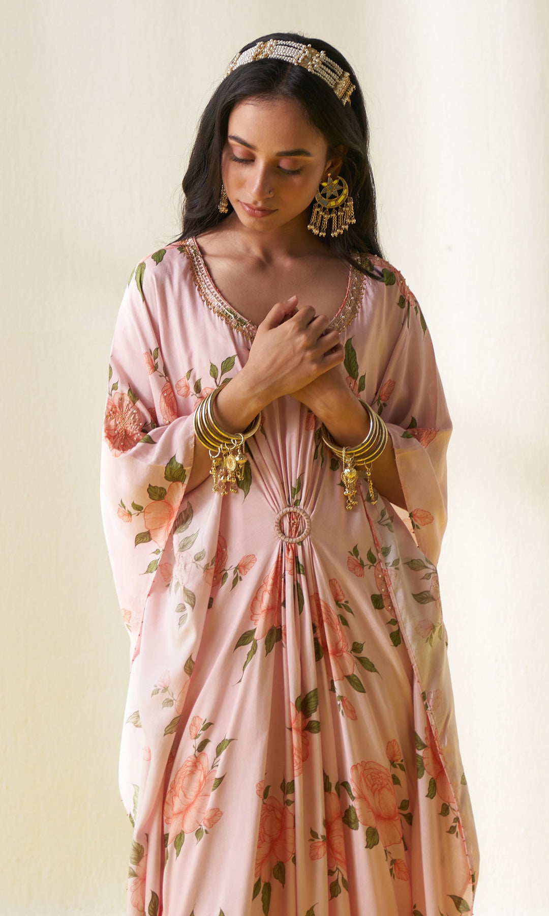 KIARA PINK FLORAL PRINTED KAFTAN SET- SET OF 2