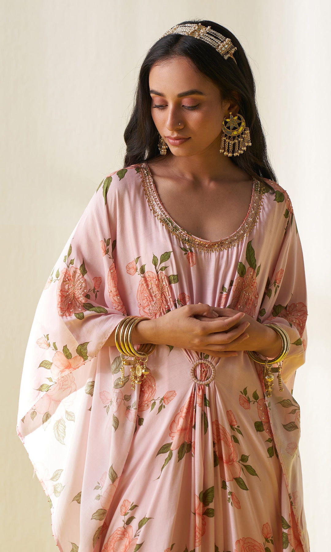 KIARA PINK FLORAL PRINTED KAFTAN SET- SET OF 2